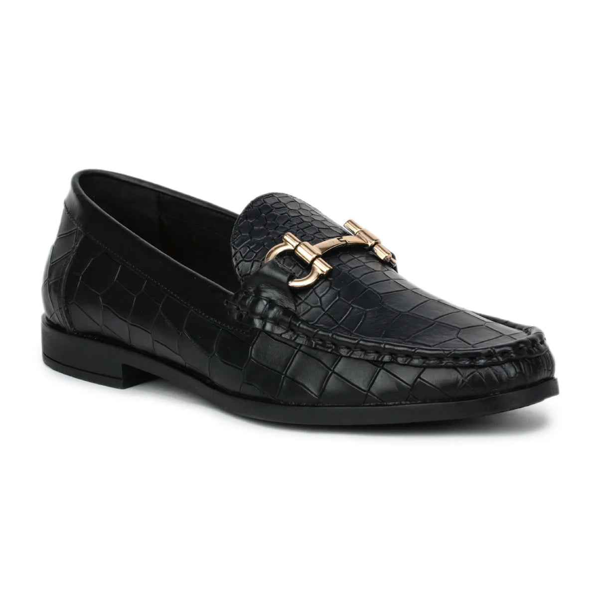 Royal Noir Croc-Textured Horsebit Wooden Sole Loafers