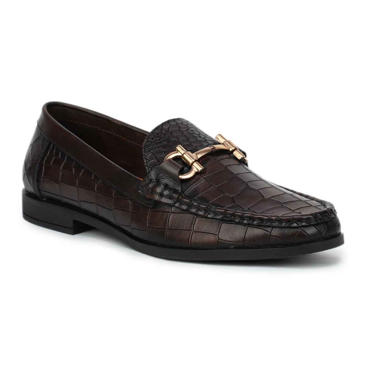 Royal Noir Croc-Textured Horsebit Wooden Sole Loafers