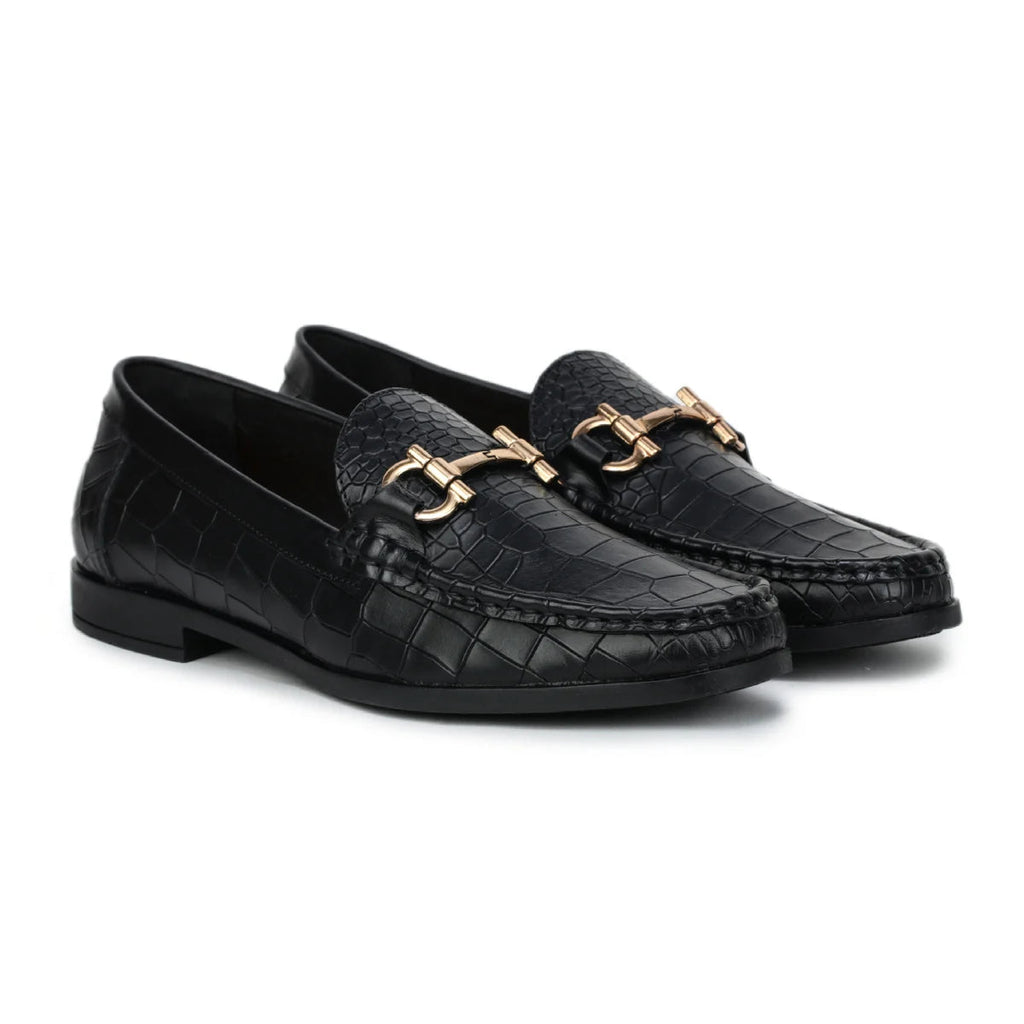 Royal Noir Croc-Textured Horsebit Wooden Sole Loafers