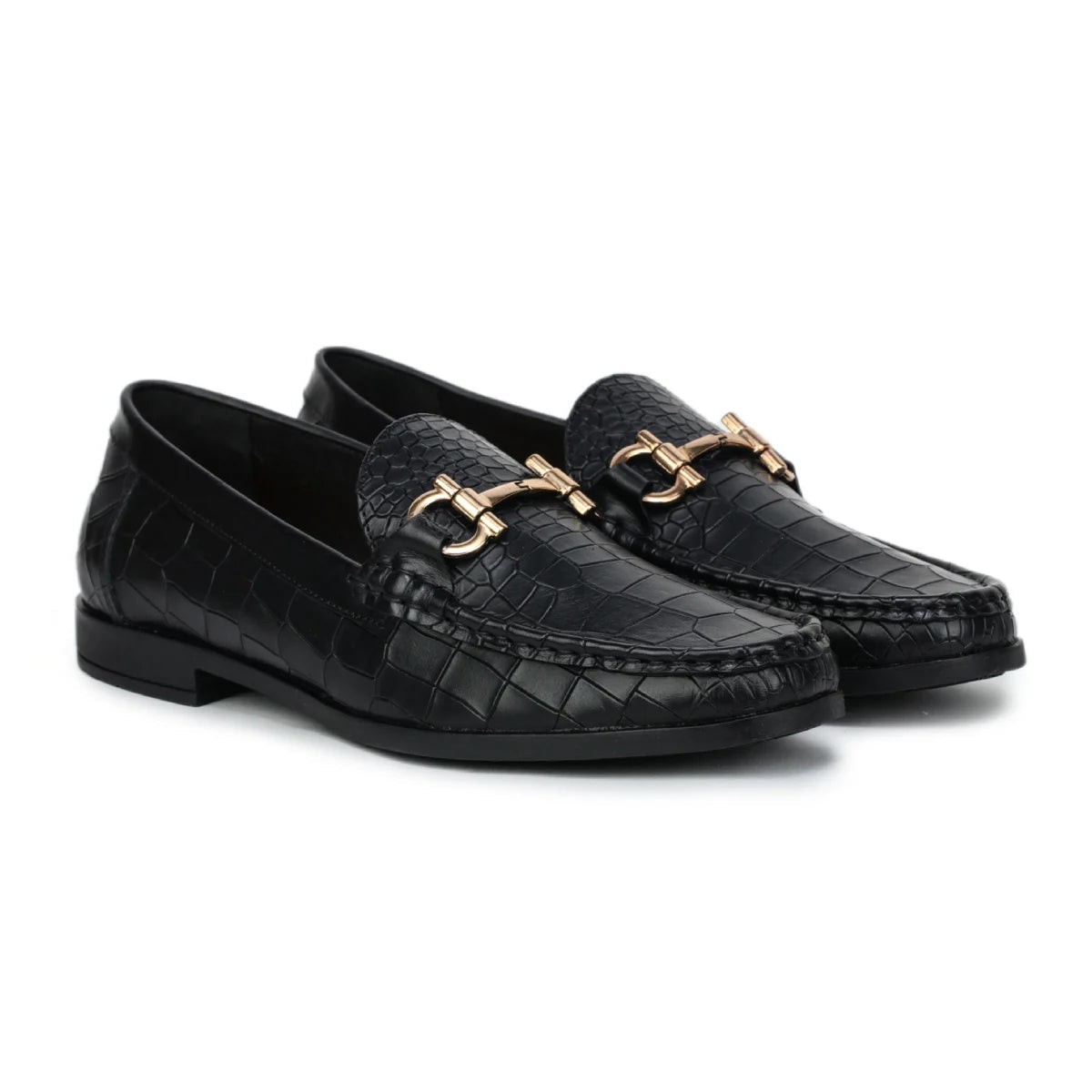 Royal Noir Croc-Textured Horsebit Wooden Sole Loafers