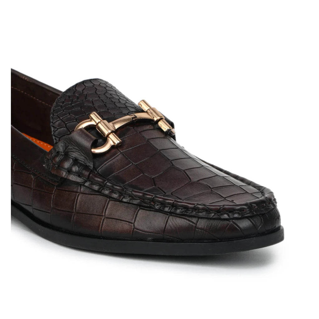 Royal Noir Croc-Textured Horsebit Wooden Sole Loafers