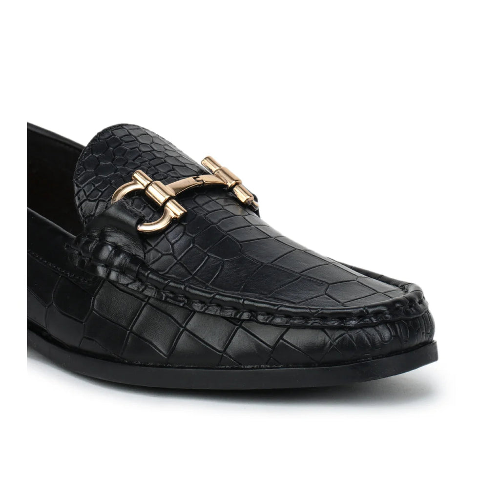 Royal Noir Croc-Textured Horsebit Wooden Sole Loafers