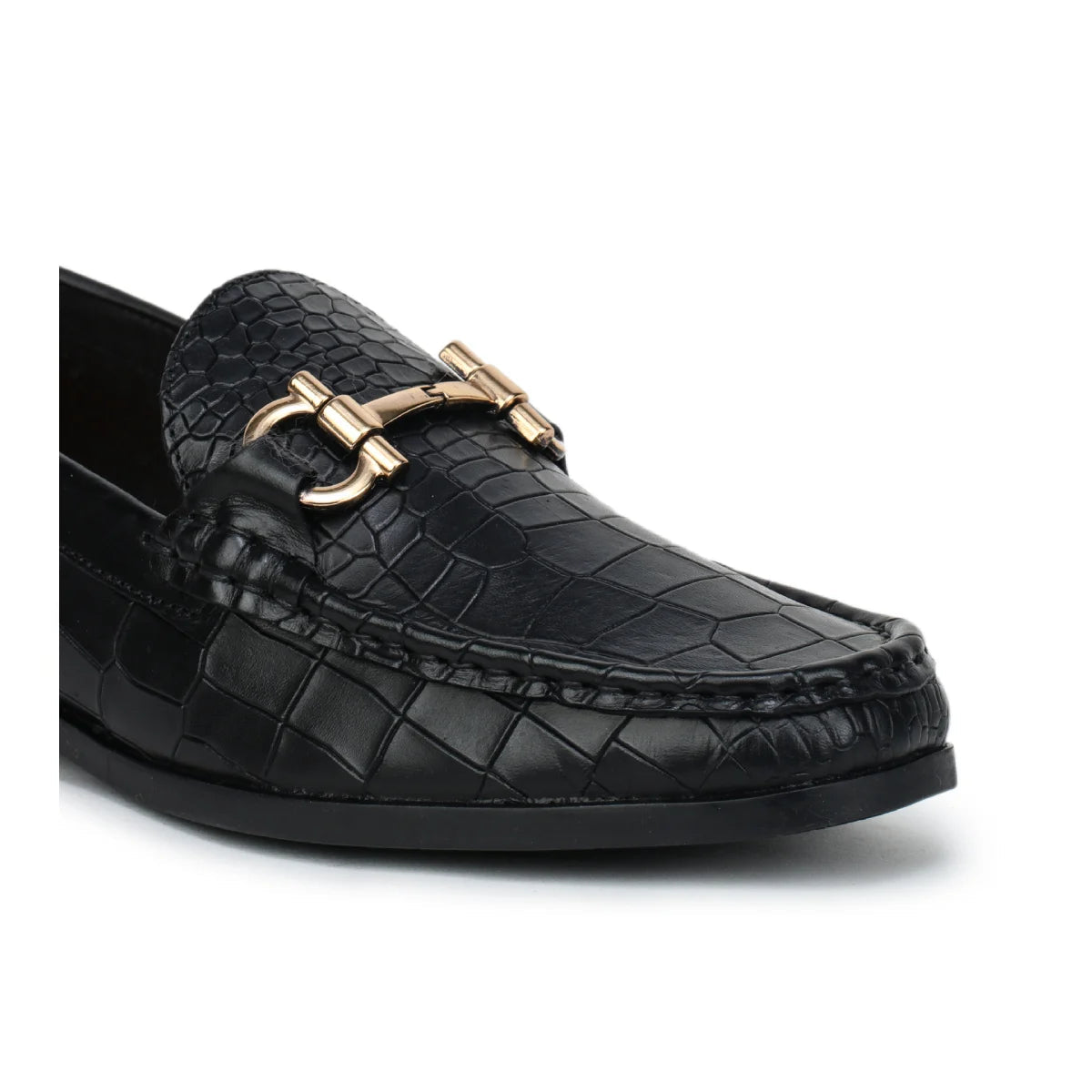 Royal Noir Croc-Textured Horsebit Wooden Sole Loafers