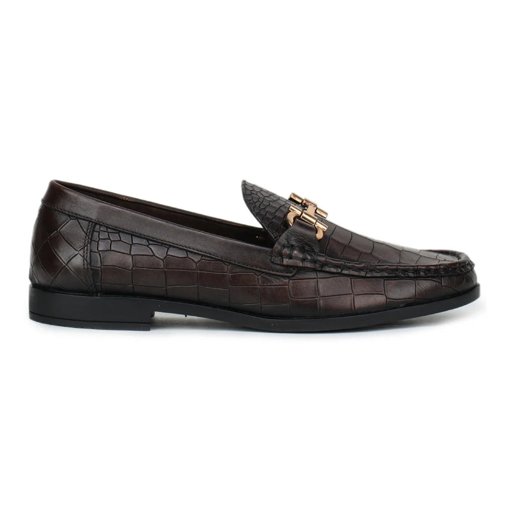 Royal Noir Croc-Textured Horsebit Wooden Sole Loafers