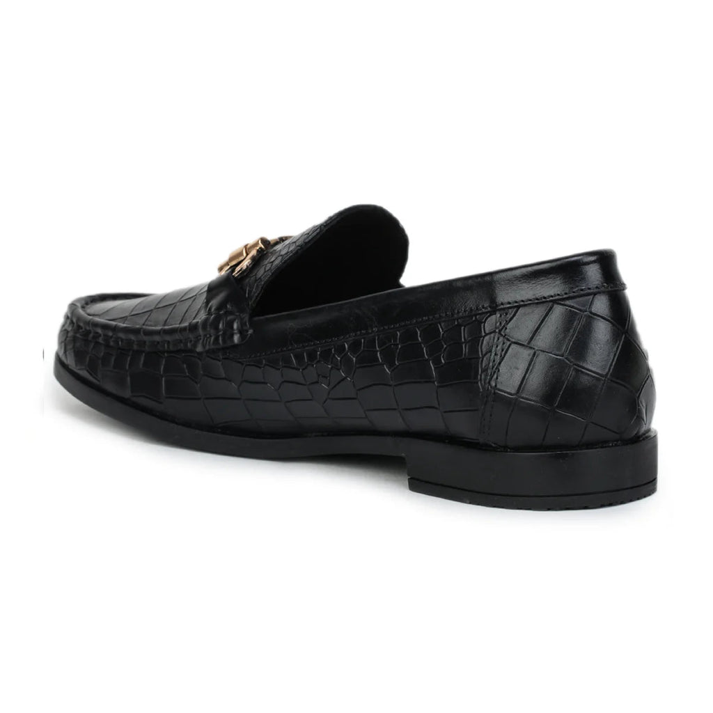 Royal Noir Croc-Textured Horsebit Wooden Sole Loafers