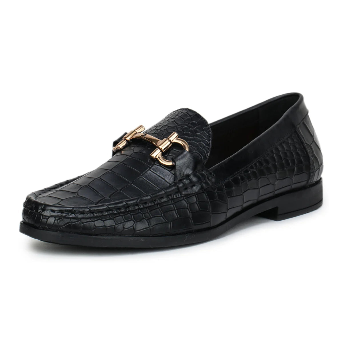 Royal Noir Croc-Textured Horsebit Wooden Sole Loafers