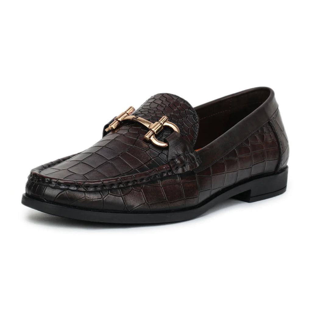 Royal Noir Croc-Textured Horsebit Wooden Sole Loafers