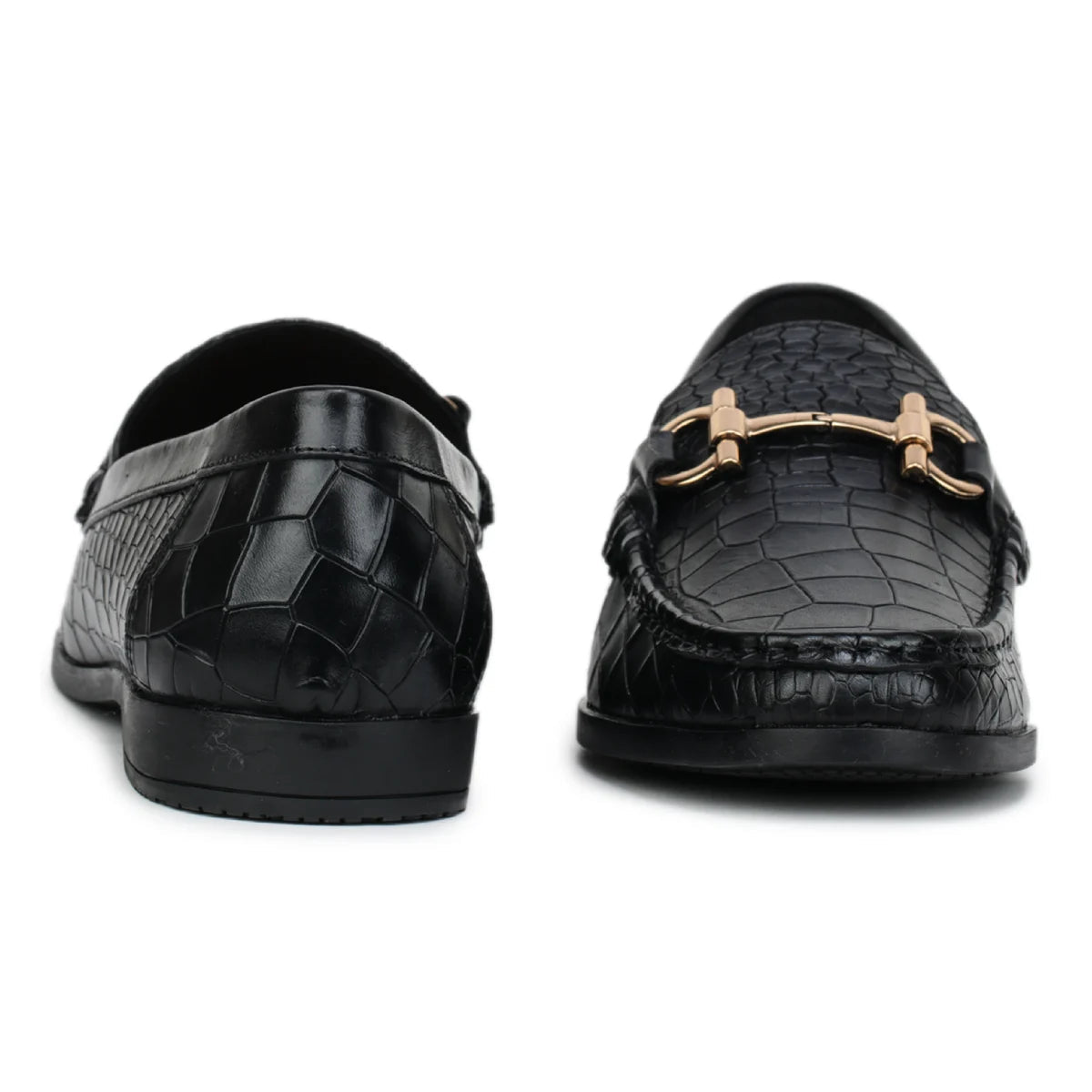 Royal Noir Croc-Textured Horsebit Wooden Sole Loafers