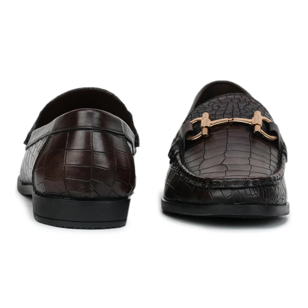 Royal Noir Croc-Textured Horsebit Wooden Sole Loafers