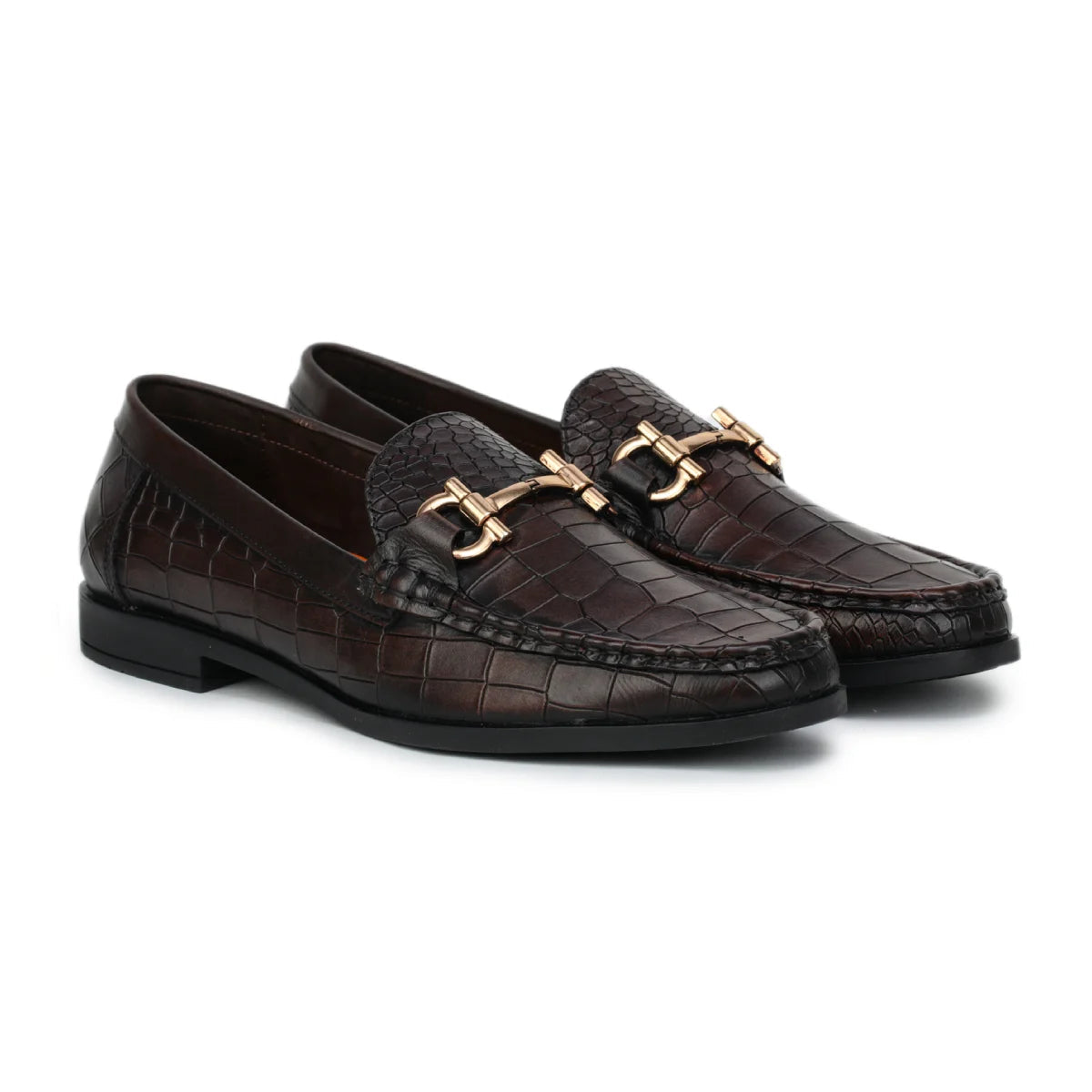 Royal Noir Croc-Textured Horsebit Wooden Sole Loafers