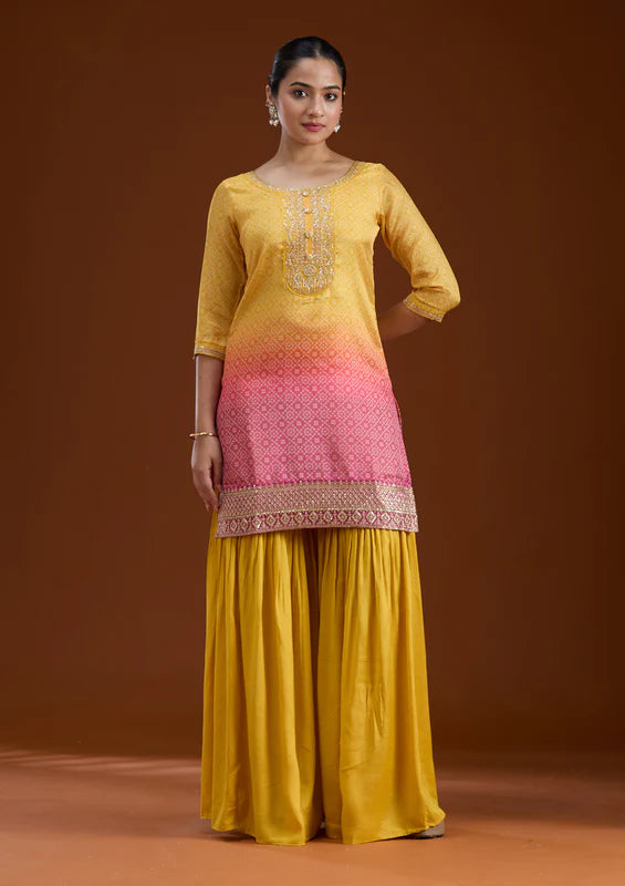 Yellow Sequins Soft Raw Silk Readymade Sharara Suit