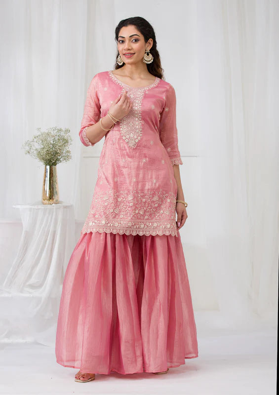 Pink Threadwork Semi Crepe Readymade Sharara Suit