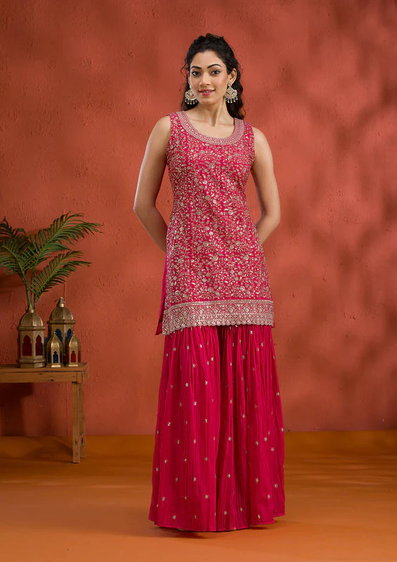 Rani Pink Silver Zariwork Georgette Readymade Sharara Suit