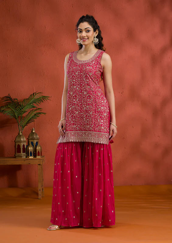 Rani Pink Silver Zariwork Georgette Readymade Sharara Suit