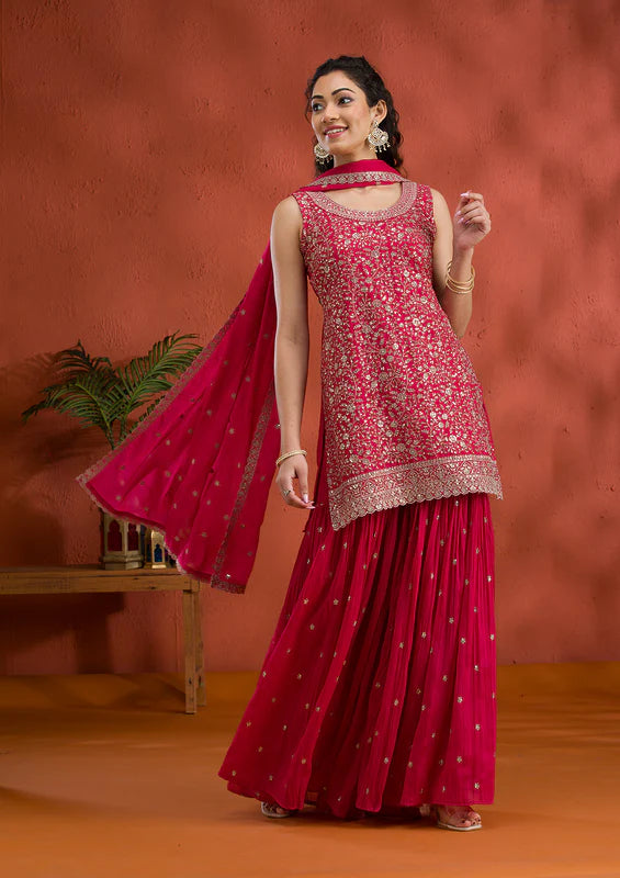 Rani Pink Silver Zariwork Georgette Readymade Sharara Suit