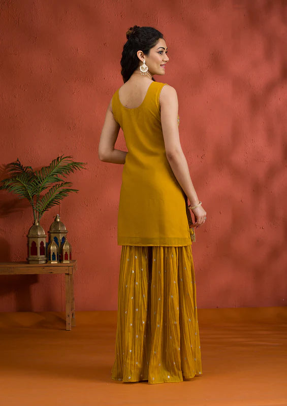 Yellow Silver Zariwork Georgette Readymade Sharara Suit