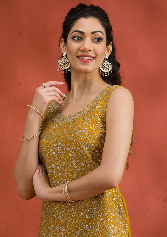 Yellow Silver Zariwork Georgette Readymade Sharara Suit