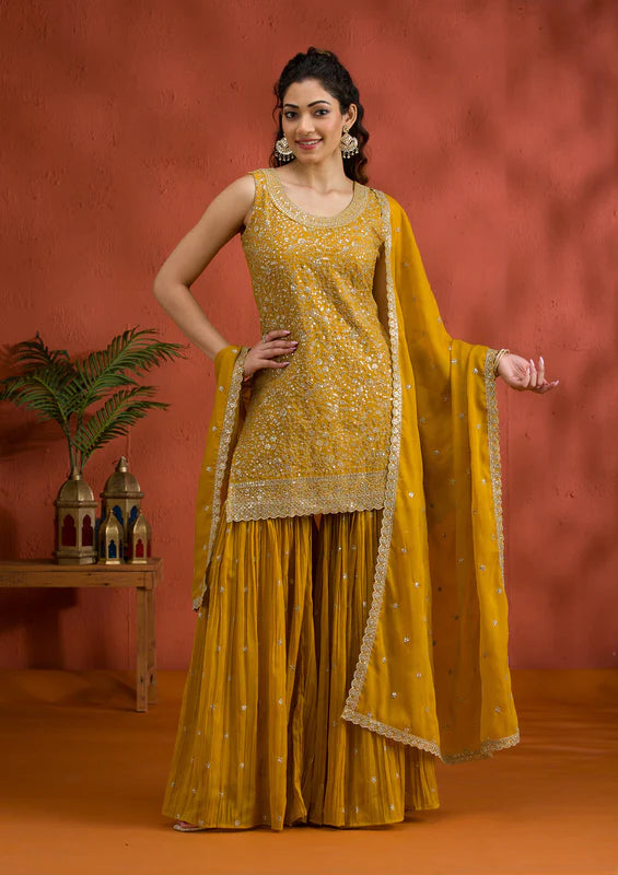 Yellow Silver Zariwork Georgette Readymade Sharara Suit