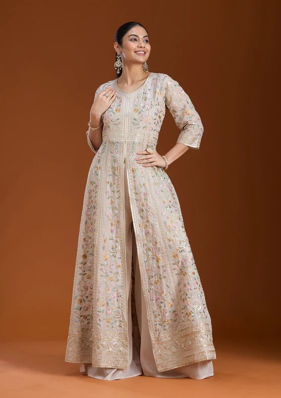 Beige Threadwork Georgette Readymade Salwar Suit