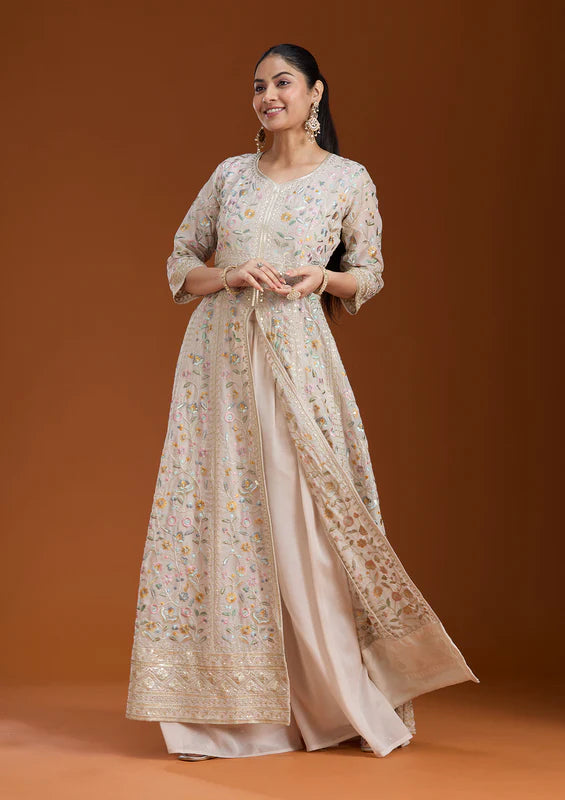 Beige Threadwork Georgette Readymade Salwar Suit