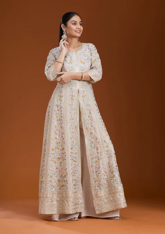 Beige Threadwork Georgette Readymade Salwar Suit