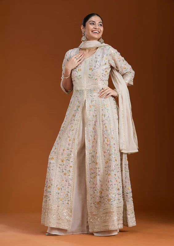 Beige Threadwork Georgette Readymade Salwar Suit