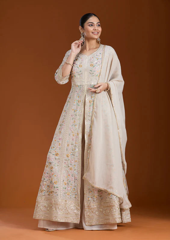 Beige Threadwork Georgette Readymade Salwar Suit