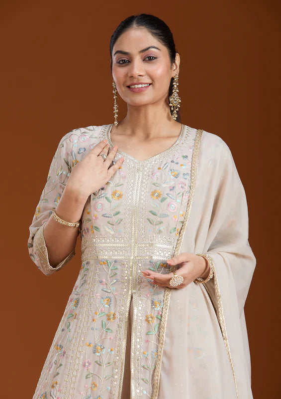 Beige Threadwork Georgette Readymade Salwar Suit