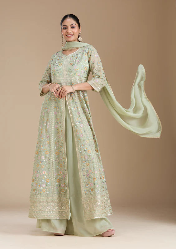 Sea Green Threadwork Georgette Readymade Salwar Suit