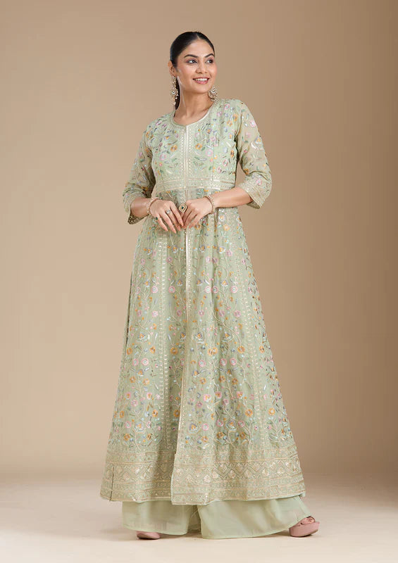 Sea Green Threadwork Georgette Readymade Salwar Suit
