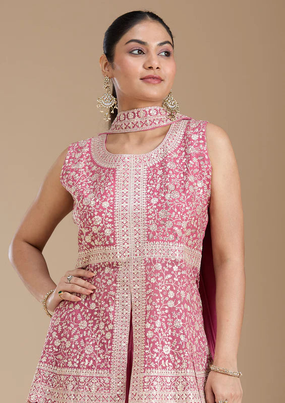 Pink Zariwork (Gold) Georgette Readymade Salwar Suit
