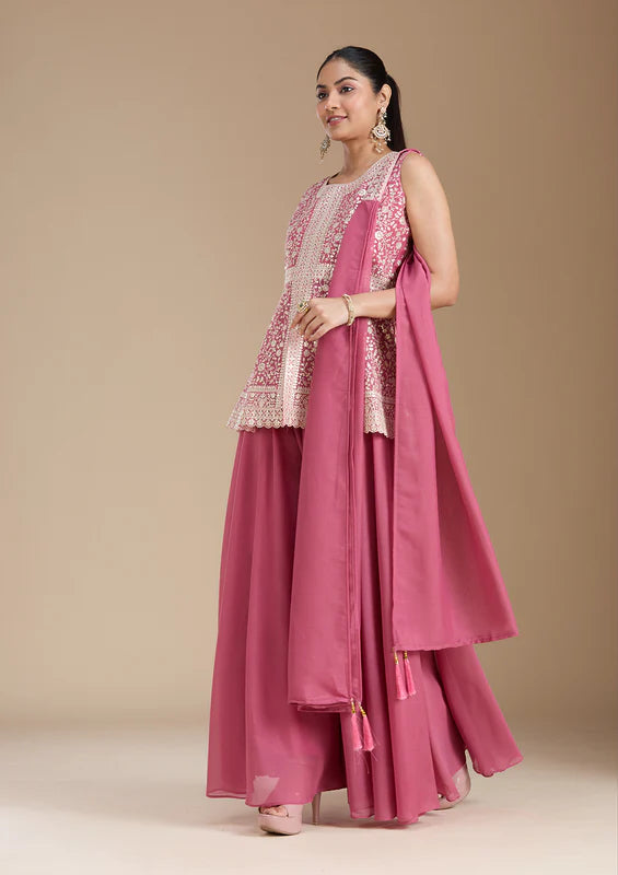 Pink Zariwork (Gold) Georgette Readymade Salwar Suit