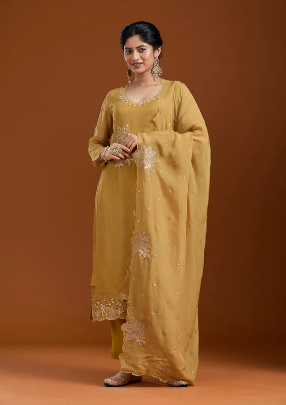 Mustard Yellow Zardozi (Gold) Organza Readymade Salwar Suit