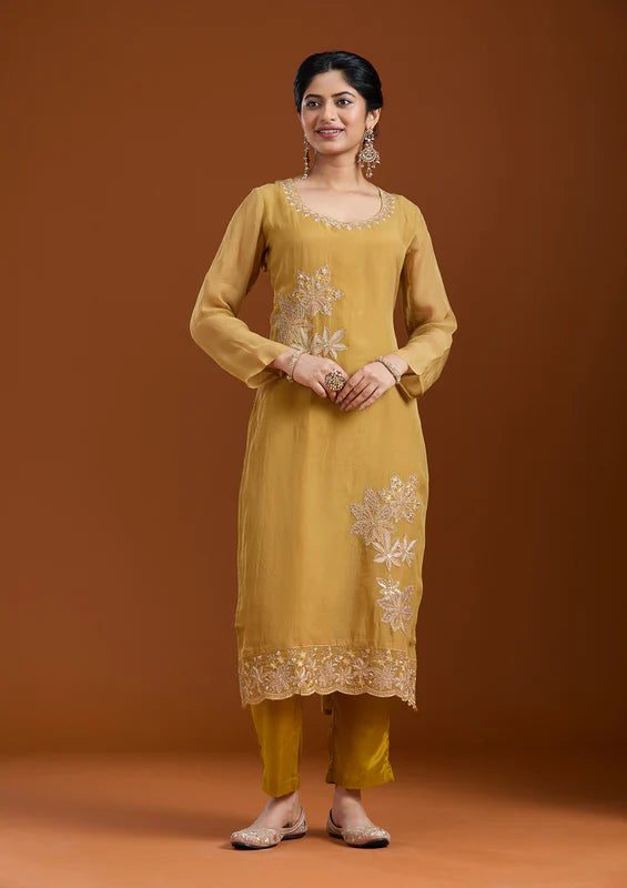 Mustard Yellow Zardozi (Gold) Organza Readymade Salwar Suit