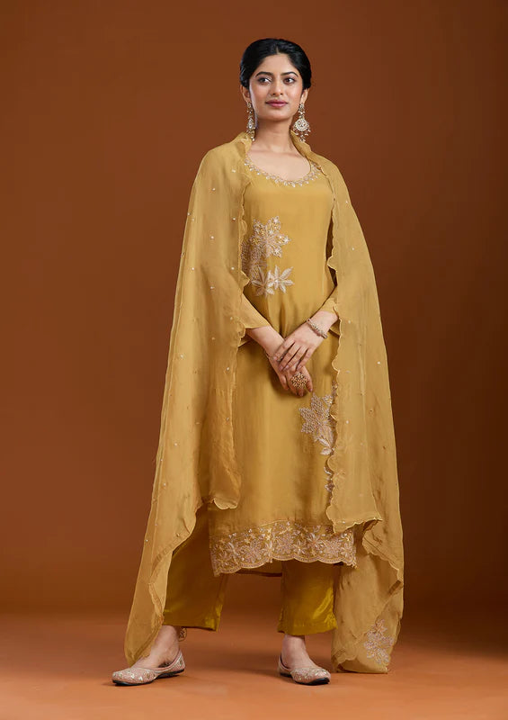 Mustard Yellow Zardozi (Gold) Organza Readymade Salwar Suit