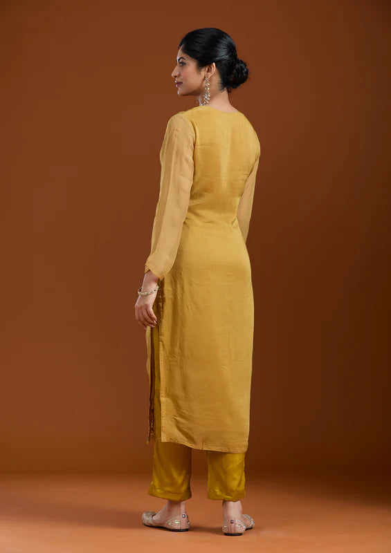 Mustard Yellow Zardozi (Gold) Organza Readymade Salwar Suit