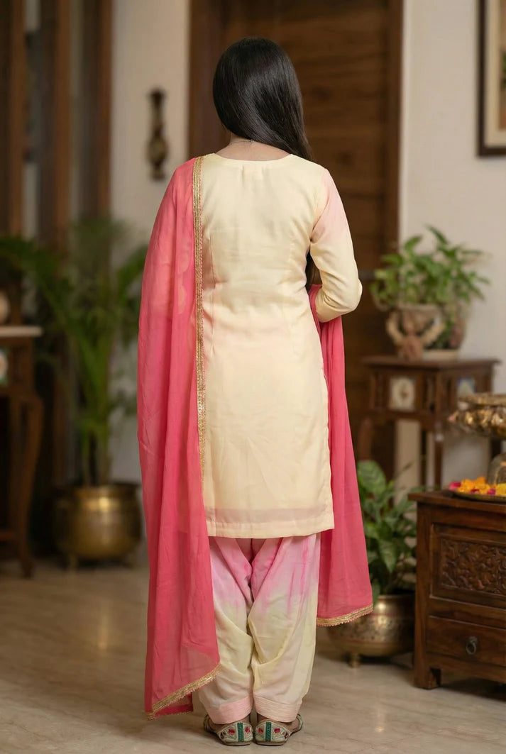 Pink Tie-Dye Punjabi Suit Set with Floral Embroidery | 3 Piece Salwar Suit with Dupatta | Women Ethnic Wear