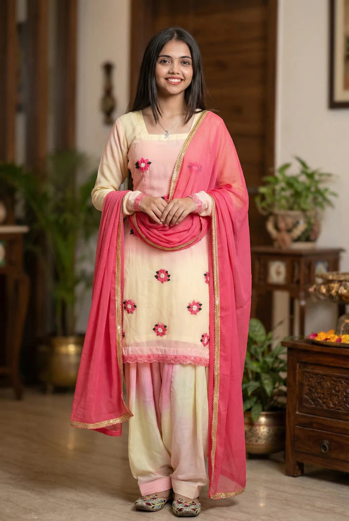 Pink Tie-Dye Punjabi Suit Set with Floral Embroidery | 3 Piece Salwar Suit with Dupatta | Women Ethnic Wear