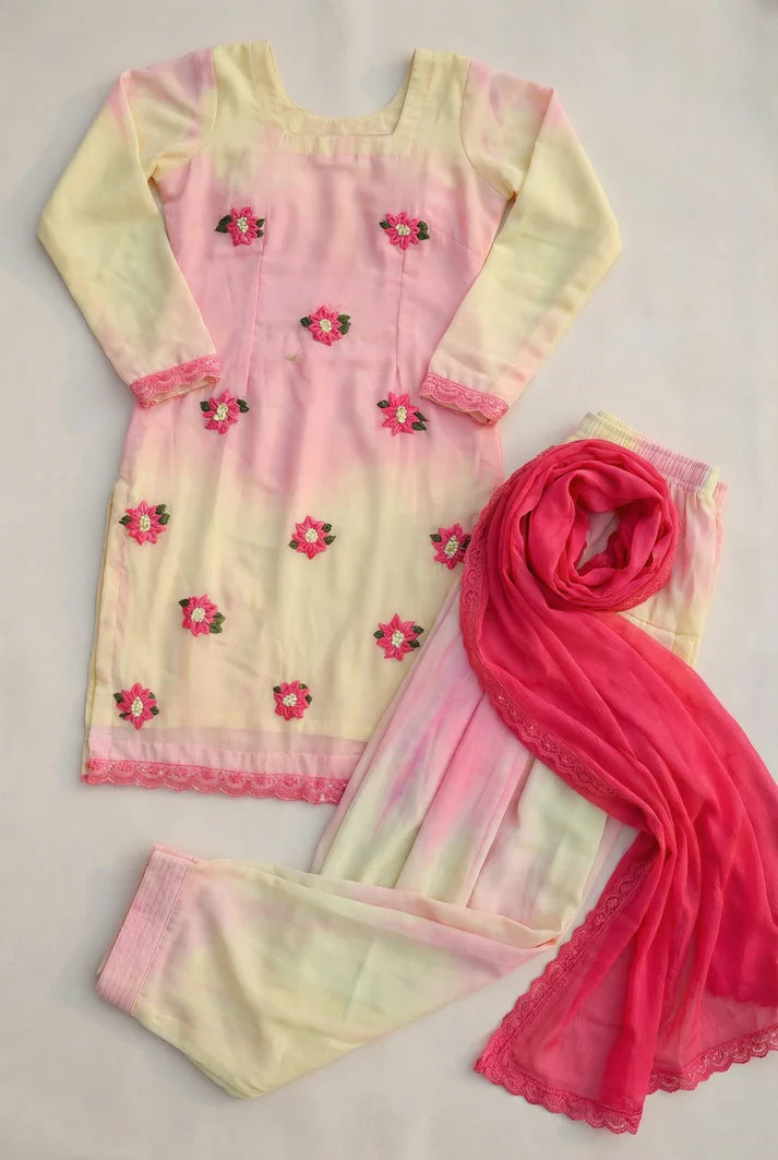Pink Tie-Dye Punjabi Suit Set with Floral Embroidery | 3 Piece Salwar Suit with Dupatta | Women Ethnic Wear