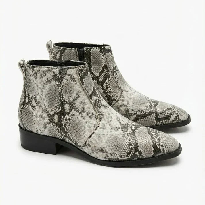 Tapered-Toe Snake-Pattern Leather Chelsea Boots